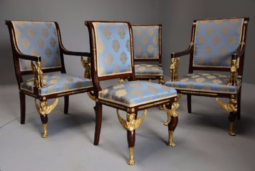 fig 1. Late 19thc English set of four mahogany chairs in the French Empire style with superb ormolu mounts