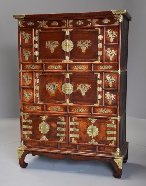 Highly Decorative 19th Century Three Tier Korean Elm Cabinet with Brass Decoration