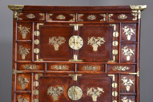 fig 2. Highly decorative 19th century three tier Korean elm cabinet with brass decoration 