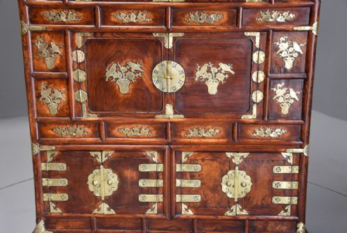 fig 4. Highly decorative 19th century three tier Korean elm cabinet with brass decoration 