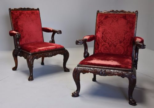 fig 1. Exceptional pair of late 19th century George II style mahogany Gainsborough open armchairs