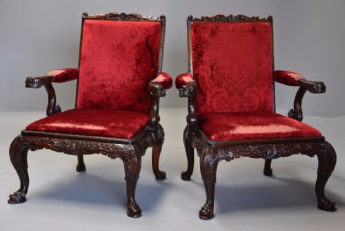 fig 2. Exceptional pair of late 19th century George II style mahogany Gainsborough open armchairs