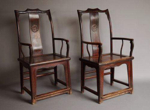Pair of Late 19th Century Chinese Yoke Back Elm Armchairs of Good Patina