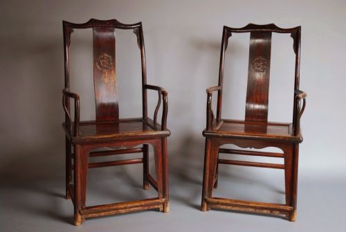 fig 1. Pair of late 19th century Chinese yoke back elm armchairs of good patina