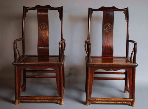 fig 2. Pair of late 19th century Chinese yoke back elm armchairs of good patina