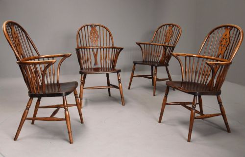 Set of Four Early 20th Century Ash and Elm Wheelback Windsor Armchairs