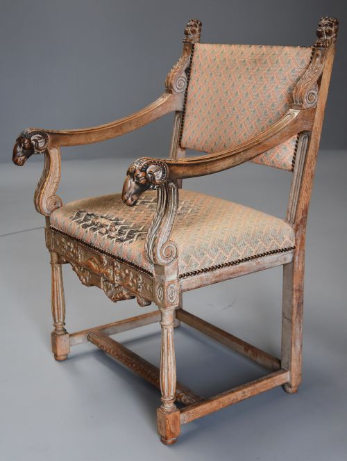 fig 1. Late 19thc highly decorative French limed oak armchair in the Renaissance style