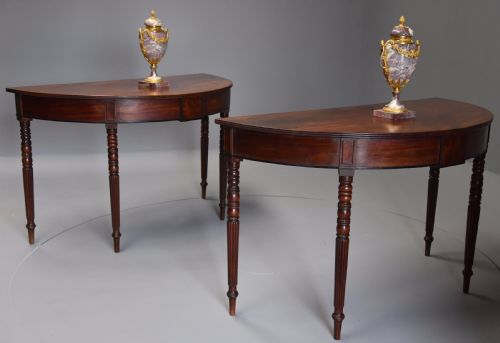 Pair of Good Quality Early 19thc Mahogany Demi-lune Console Tables with Superb Patina