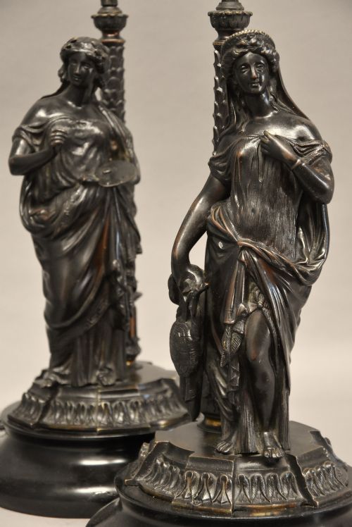 Decorative Pair of Late 19thc Bronze Table Lamps in the Form of Classical Grecian Figures
