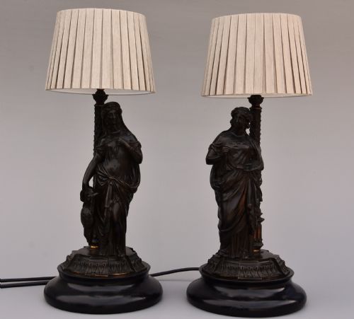fig 1. Decorative pair of late 19thc bronze table lamps in the form of Classical Grecian figures