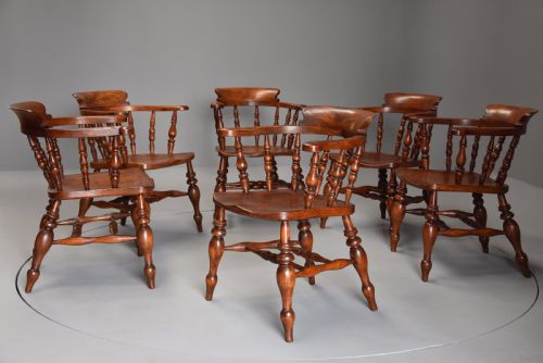 fig 1. Superb set of six mid 19th century nicely figured elm Smokers bow Windsor chairs