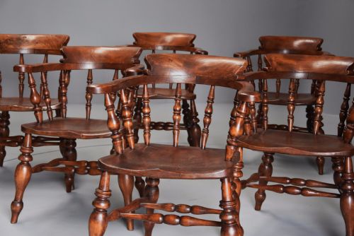 fig 2. Superb set of six mid 19th century nicely figured elm Smokers bow Windsor chairs