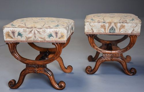 fig 1. Pair of 19th century William IV rosewood X frame upholstered stools
