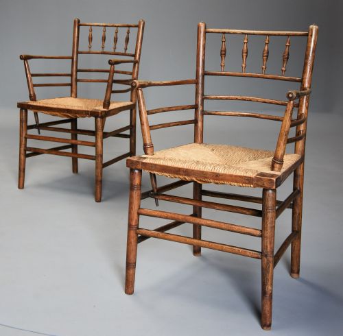 Pair of Late 19th Century Ash & Beech Morris & Co. Sussex Armchairs