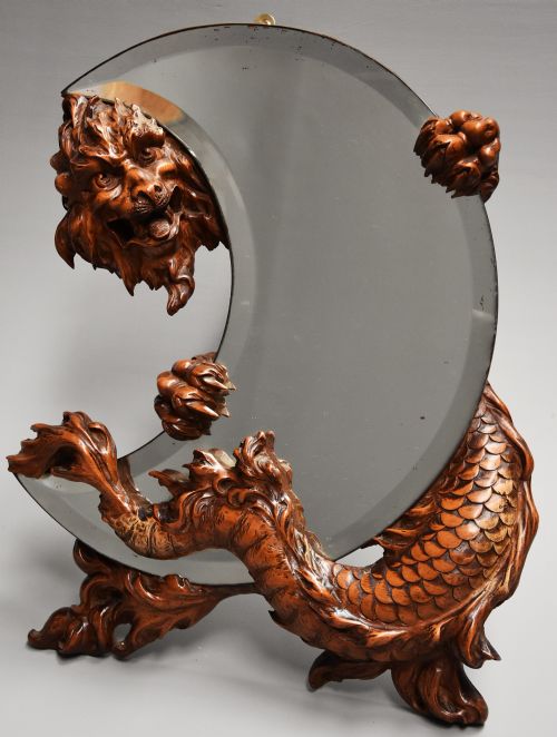 19th Century Rare & Superbly Carved Walnut 'Shishi' Mirror Attributed to Gabriel-frederic Viardot