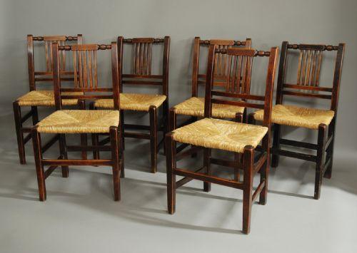 Charming Mid 19th Century Set of Six Birch & Rush Country Chairs from the Lancashire Area