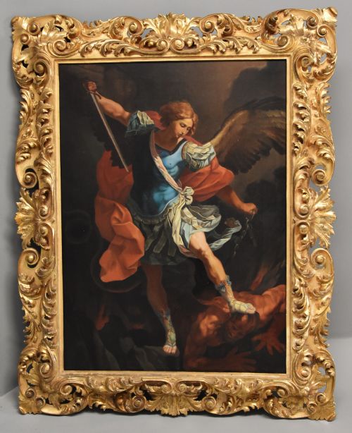 Large 19thc Italian School Oil Painting 'The Archangel Defeating Satan' After Guido Reni (Bologna 1577-1642) in Superb Gilt Florentine Frame
