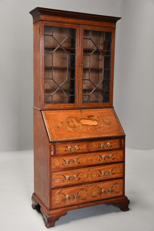 Unusual Late 19thc Satinwood, Mahogany & Marquetry Inlaid Bureau Bookcase of Small Proportions