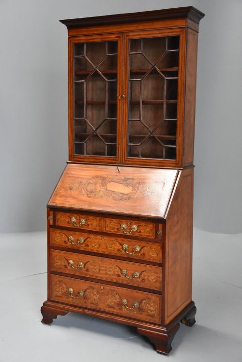 fig 1. Unusual late 19thc satinwood, mahogany & marquetry inlaid bureau bookcase of small proportions