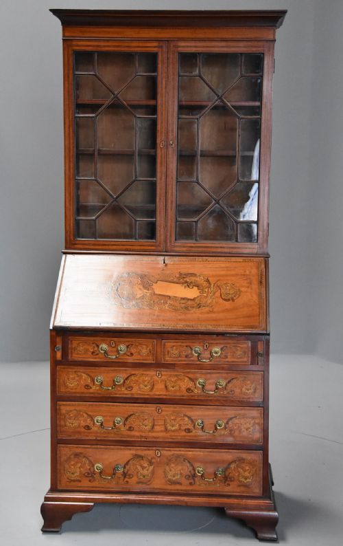 fig 2. Unusual late 19thc satinwood, mahogany & marquetry inlaid bureau bookcase of small proportions