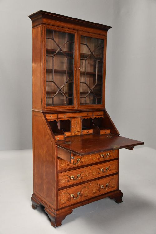 fig 3. Unusual late 19thc satinwood, mahogany & marquetry inlaid bureau bookcase of small proportions
