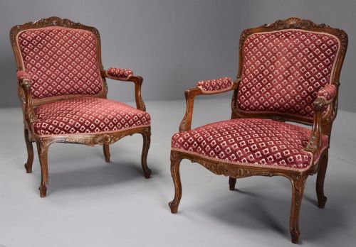 Pair of Late 19thc French Walnut Fauteuils in the Louis XV Style with Traces of Original Gilt