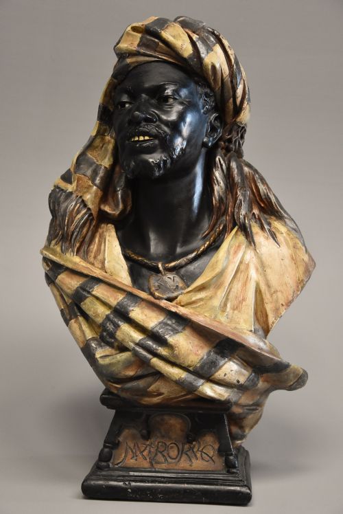 Highly Decorative Late 19th Century Life Size Austrian Painted Terracotta Bust of a Nubian Man