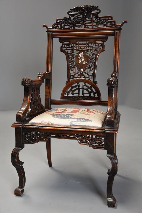 fig 1. Exquisite & rare French 19thc Japanese style carved walnut armchair attributed to the Parisian cabinetmaker Gabriel-Frederic Viardot