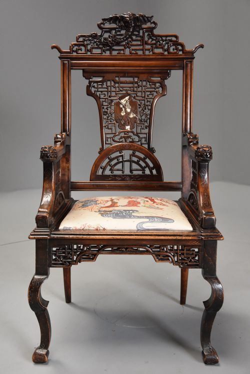 fig 2. Exquisite & rare French 19thc Japanese style carved walnut armchair attributed to the Parisian cabinetmaker Gabriel-Frederic Viardot