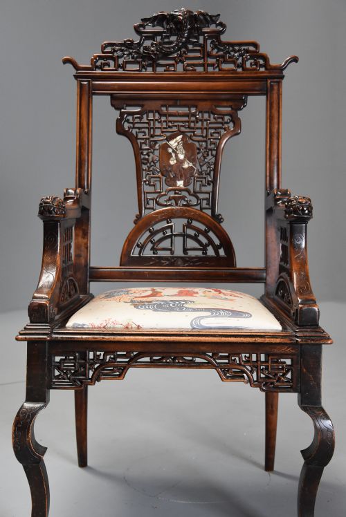 fig 3. Exquisite & rare French 19thc Japanese style carved walnut armchair attributed to the Parisian cabinetmaker Gabriel-Frederic Viardot