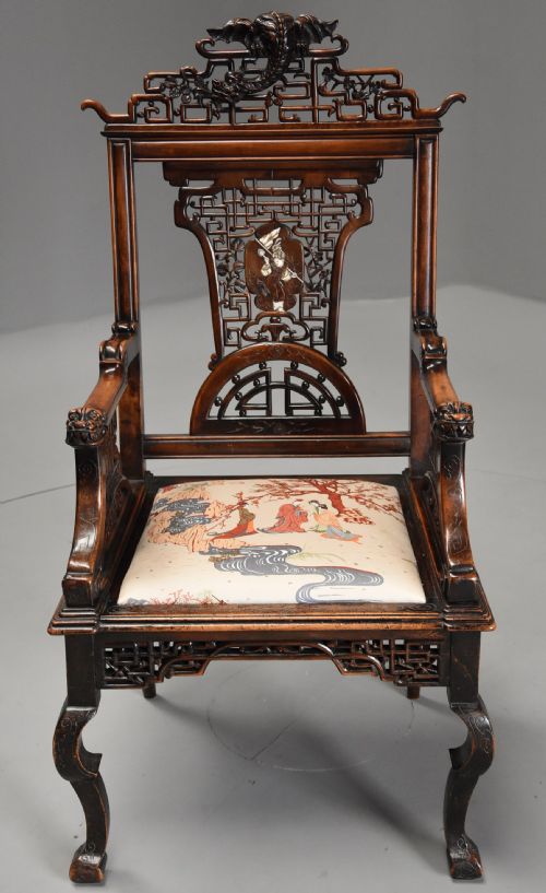 fig 4. Exquisite & rare French 19thc Japanese style carved walnut armchair attributed to the Parisian cabinetmaker Gabriel-Frederic Viardot