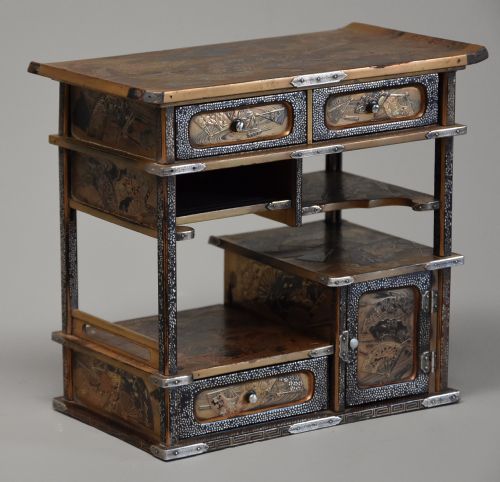 Small early 20thc Meiji Period japanese Gold & Black Lacquered shodana Table Cabinet