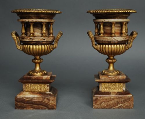 Pair of French Late 19thc Fine Quality Onyx Urns with Ormolu Mounts in the Classical Style