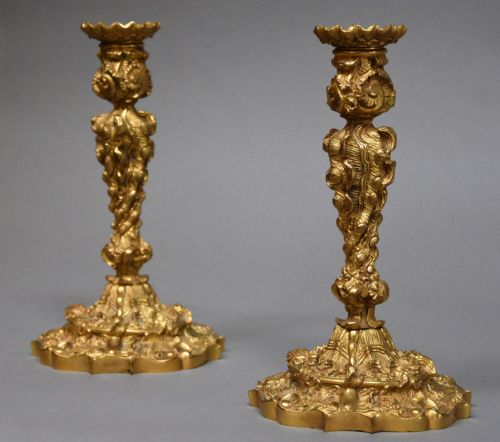 Pair of Late 19th Century french Highly Decorative Ormolu Candlesticks in the Rococo Style