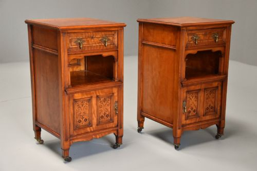 fig 1. Pair of late 19th century satin birch bedside cabinets with Aesthetic Movement influence