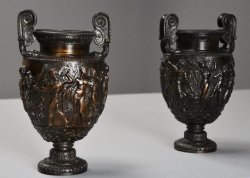 fig 1. Pair of highly decorative mid 19th century Grand Tour bronze 'Townley Vases' with good patination