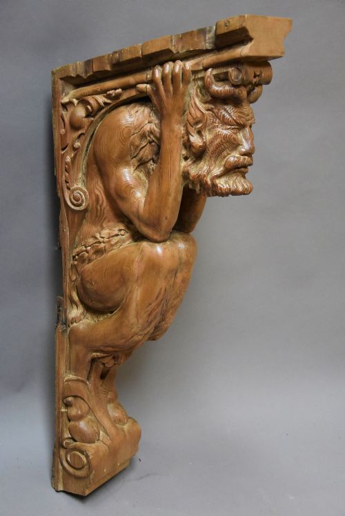 fig 1. Large highly decorative superbly carved Continental pine bracket in the form of a satyr
