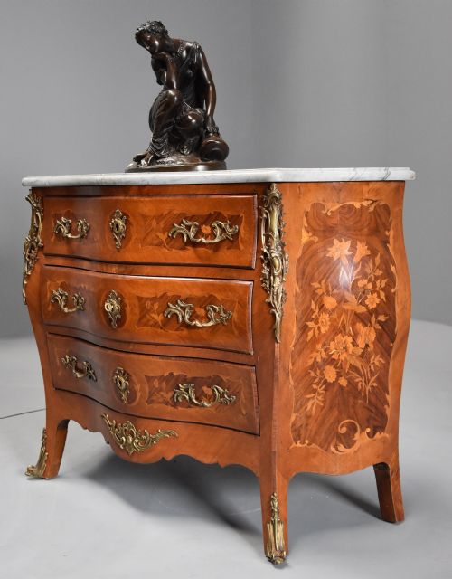 French Walnut and Kingwood Floral Marquetry Serpentine Commode with Marble Top