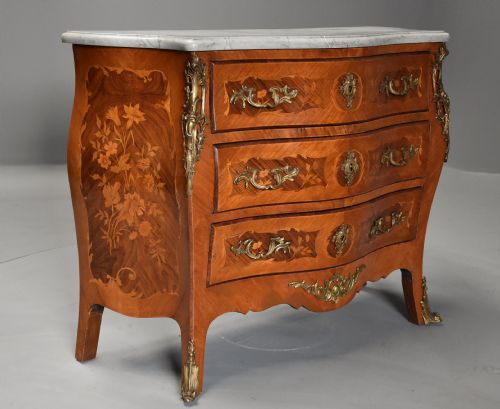 fig 1. French walnut and Kingwood floral marquetry serpentine commode with marble top