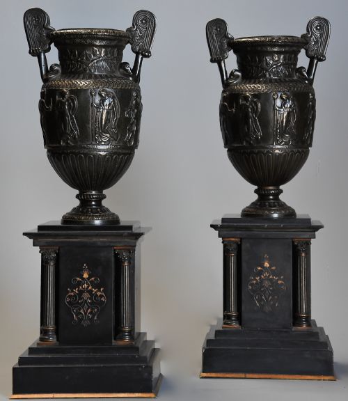 Pair of Highly Decorative 19thc Grand Tour Style Bronze 'Townley Vases' on Slate Plinths