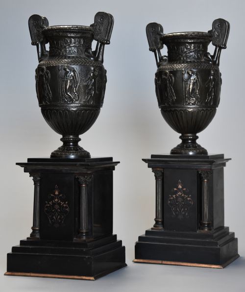 fig 1. Pair of highly decorative 19thc Grand Tour style bronze 'Townley Vases' on slate plinths
