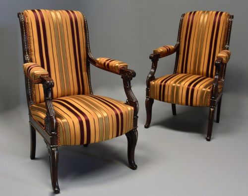 Pair of Fine Quality 19th Century French Empire Style Rosewood Open Armchairs