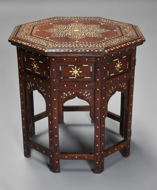 fig 1. Highly decorative 19th century ivory inlaid hardwood Anglo Indian octagonal table
