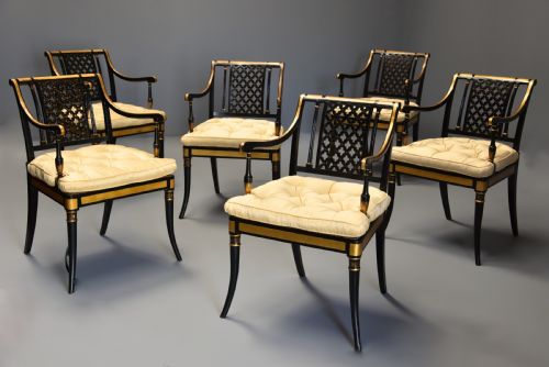 Highly Decorative Set of Six Regency Painted & Gilt Open Armchairs