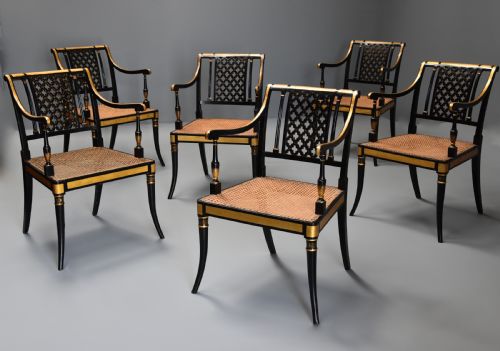 fig 1. Highly decorative set of six Regency painted & gilt open armchairs