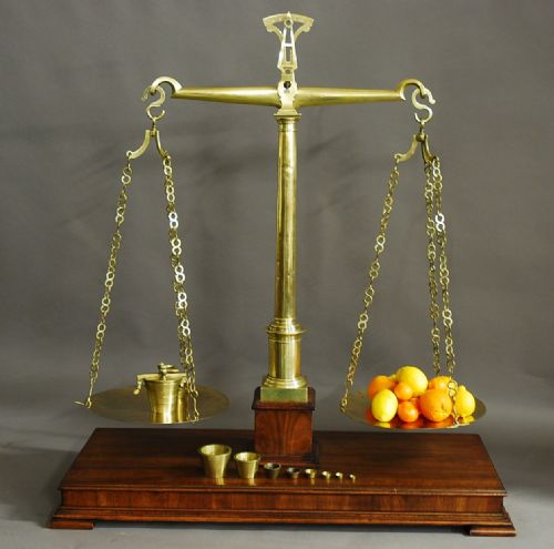 Very Large Highly Decorative Pair of 19thc Brass Apothecary Balance Scales with Weights