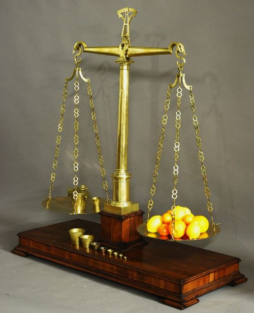 fig 1. Very large highly decorative pair of 19thc brass apothecary balance scales with weights