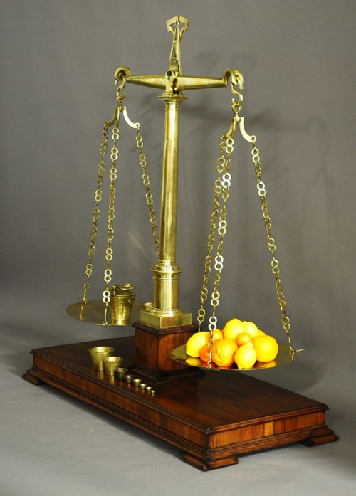 fig 2. Very large highly decorative pair of 19thc brass apothecary balance scales with weights