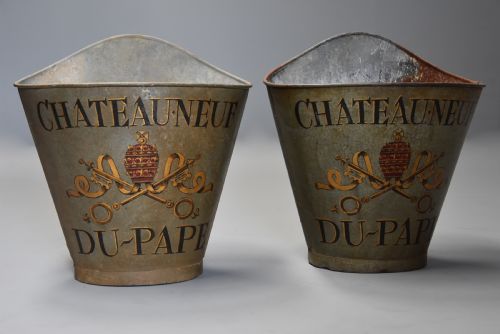 Highly Decorative Pair of Galvanised Metal Grape Carriers with Painted Decoration