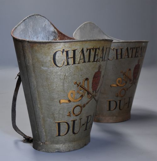 fig 1. Highly decorative pair of galvanised metal grape carriers with painted decoration